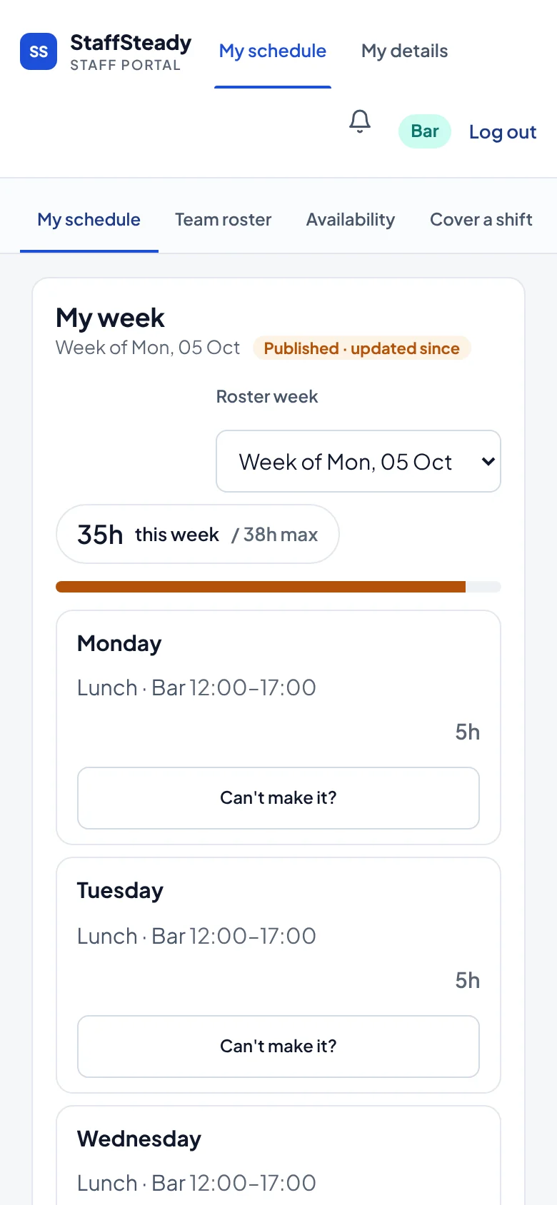 The StaffSteady staff app on a phone, showing an employee's shifts for the week
