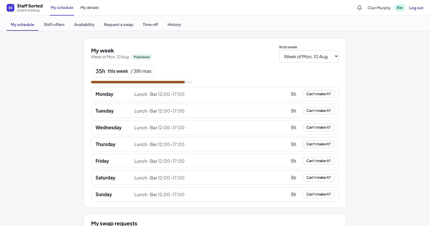 The StaffSteady staff portal showing an employee's shifts for the week